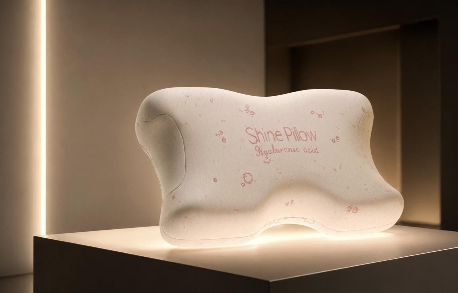 Sıcak ışık altında sergilenen Shine Pillow ortopedik güzellik yastığı