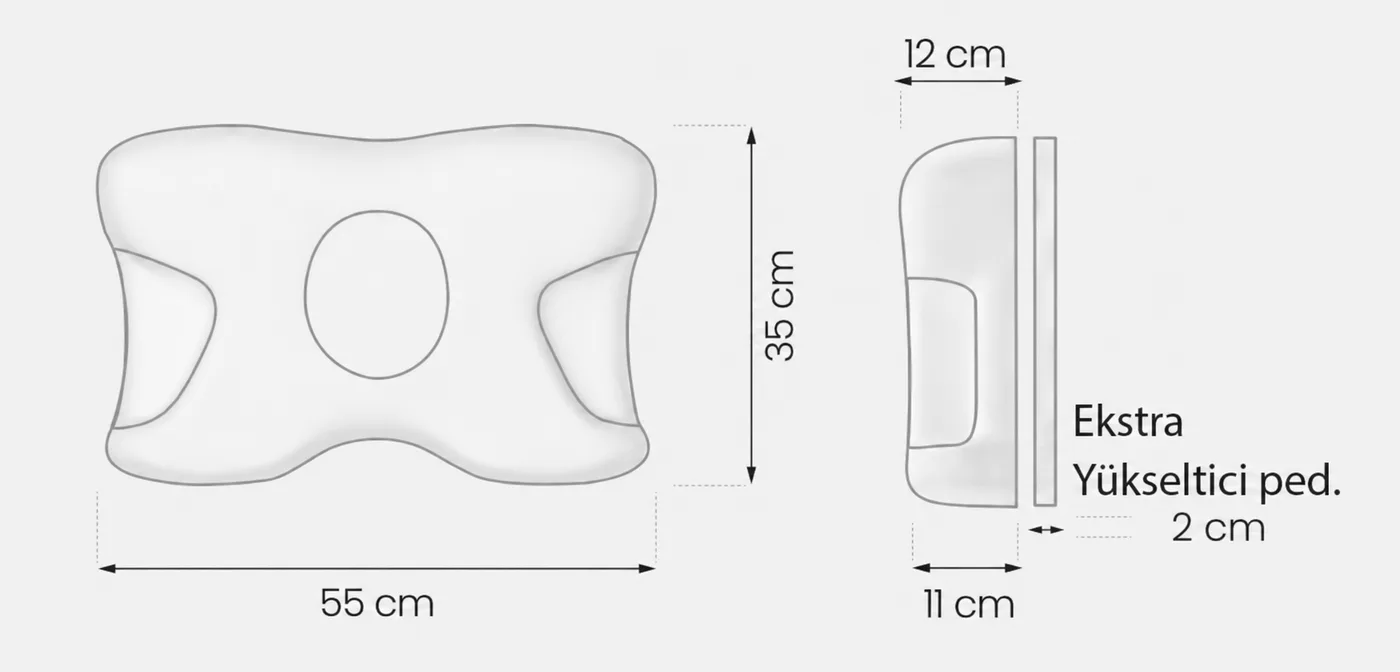 Shine Pillow ölçü çizimi: üstten görünüş 55 × 35 cm; yandan görünüş 12 cm ve 11 cm yükseklik, ayrı 2 cm yükseltici ped