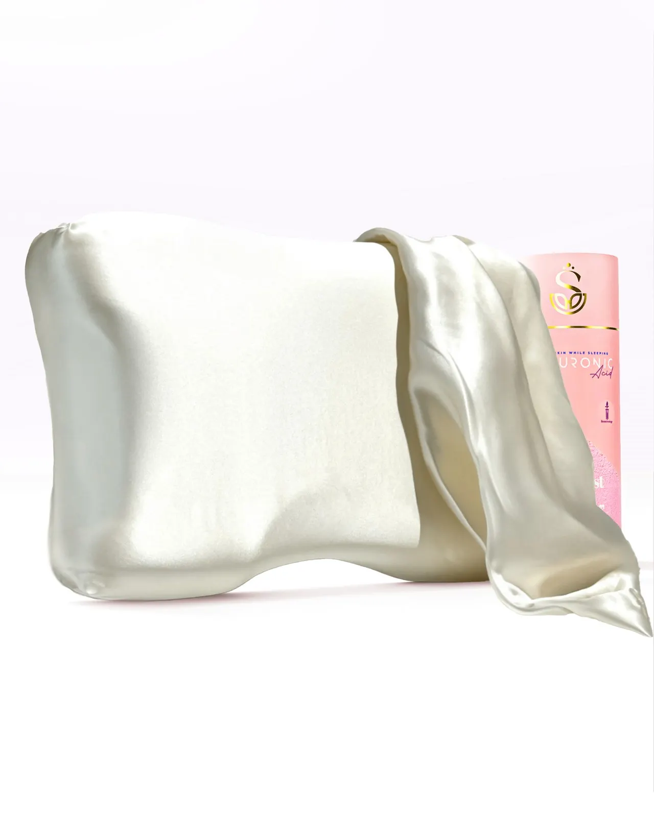 Ekru %100 ipek kılıflı Shine Pillow güzellik yastığı, kutusuyla birlikte
